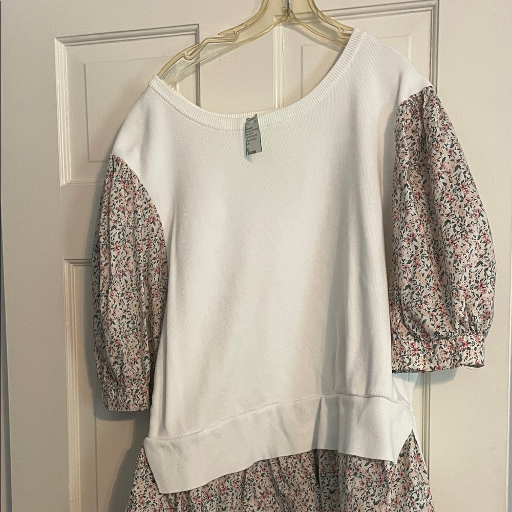 Anthropologie White Pullover with Pink & Green Floral Puff Sleeves